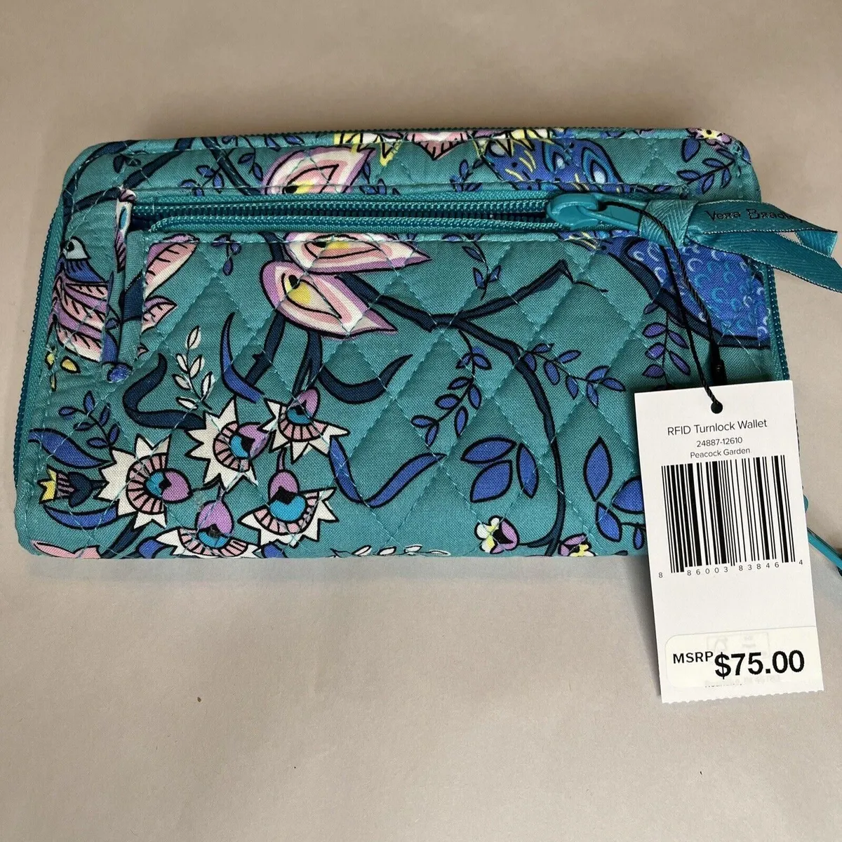 VERA BRADLEY RFID Turnlock Zip Around Wallet Peacock Garden Blue