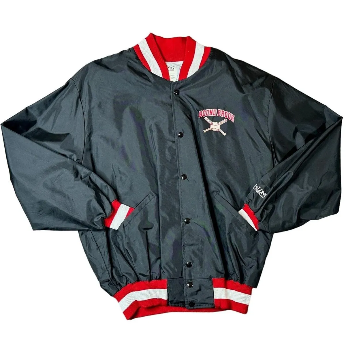 Vintage DeLong Black Red Baseball Jacket Bound Brook Embroidered USA