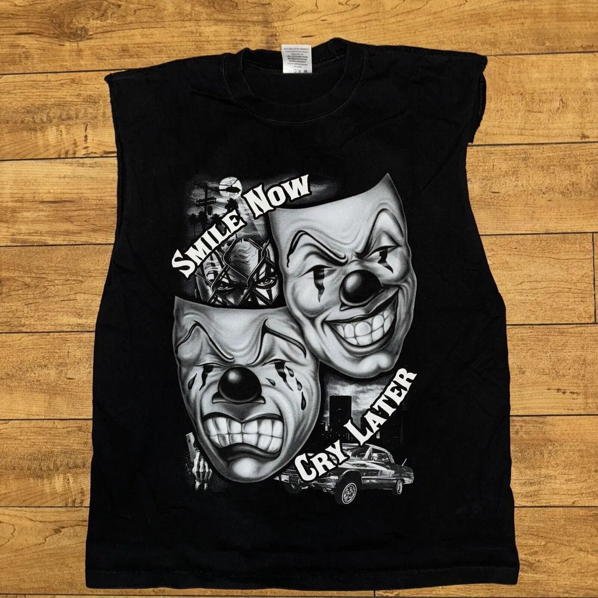 Vintage Y2K Smile Now Cry Later Chopped T-Shirt XL Black