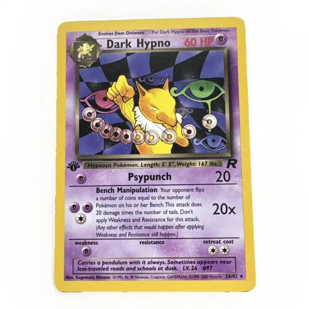 1999 hypno pokemon card - 23/62 Non-Holo Rare This attack does 20 damage times the number of heads. Pokmon 1st EDITION Dark Hypno