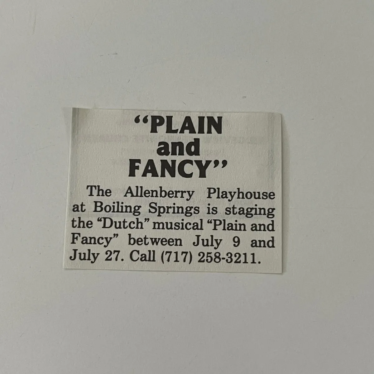 Plain Fancy The Allenberry Playhouse 1986 Lancaster County Ad