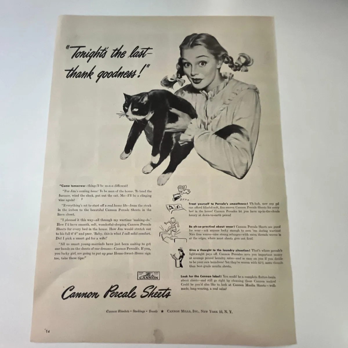 Cannon Mills Percale Sheets New York NY 1940s WWII Era Ad