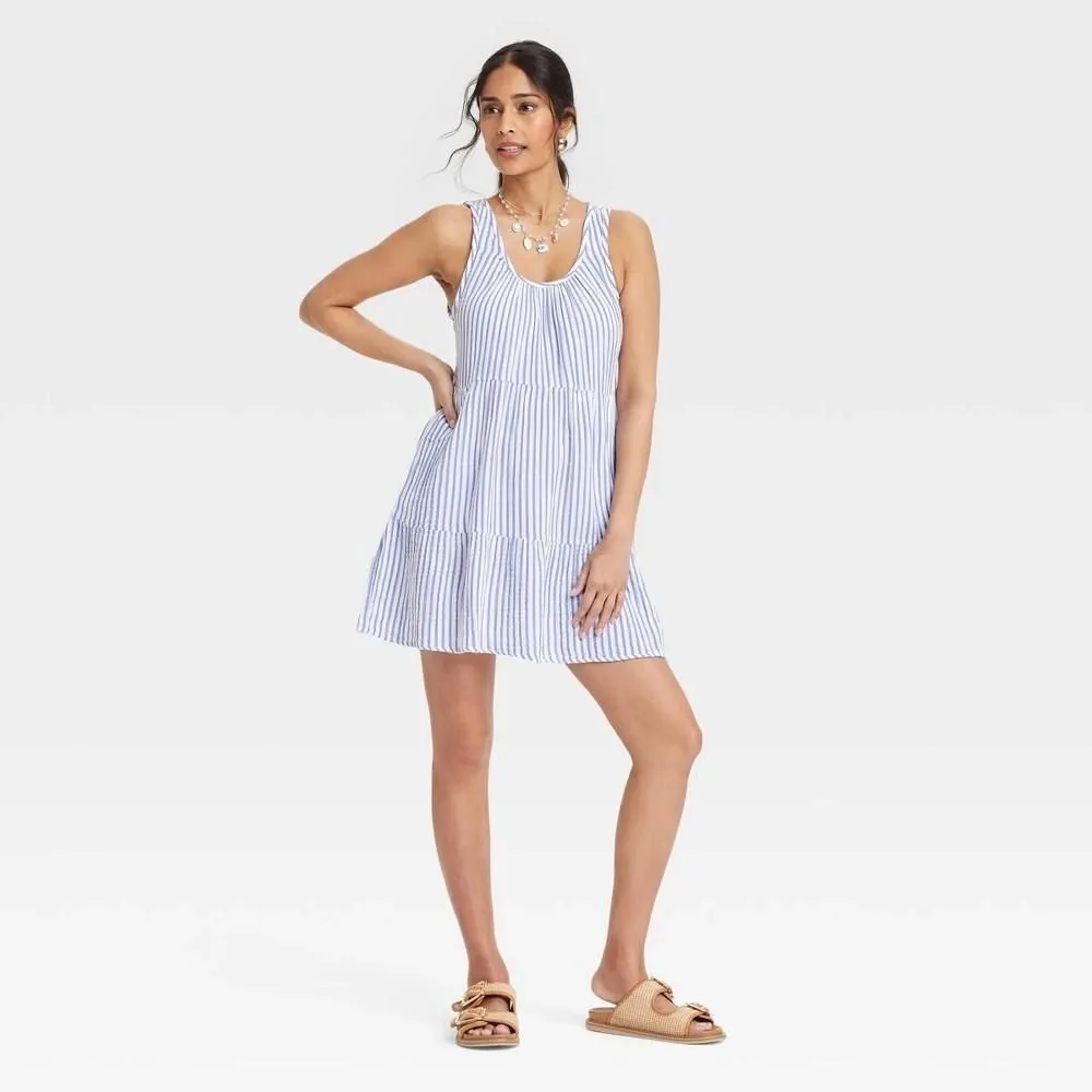 Women's Mini Sundress - Universal Thread Blue Striped XL: Scoopneck, Sleeveless, Side Pocket