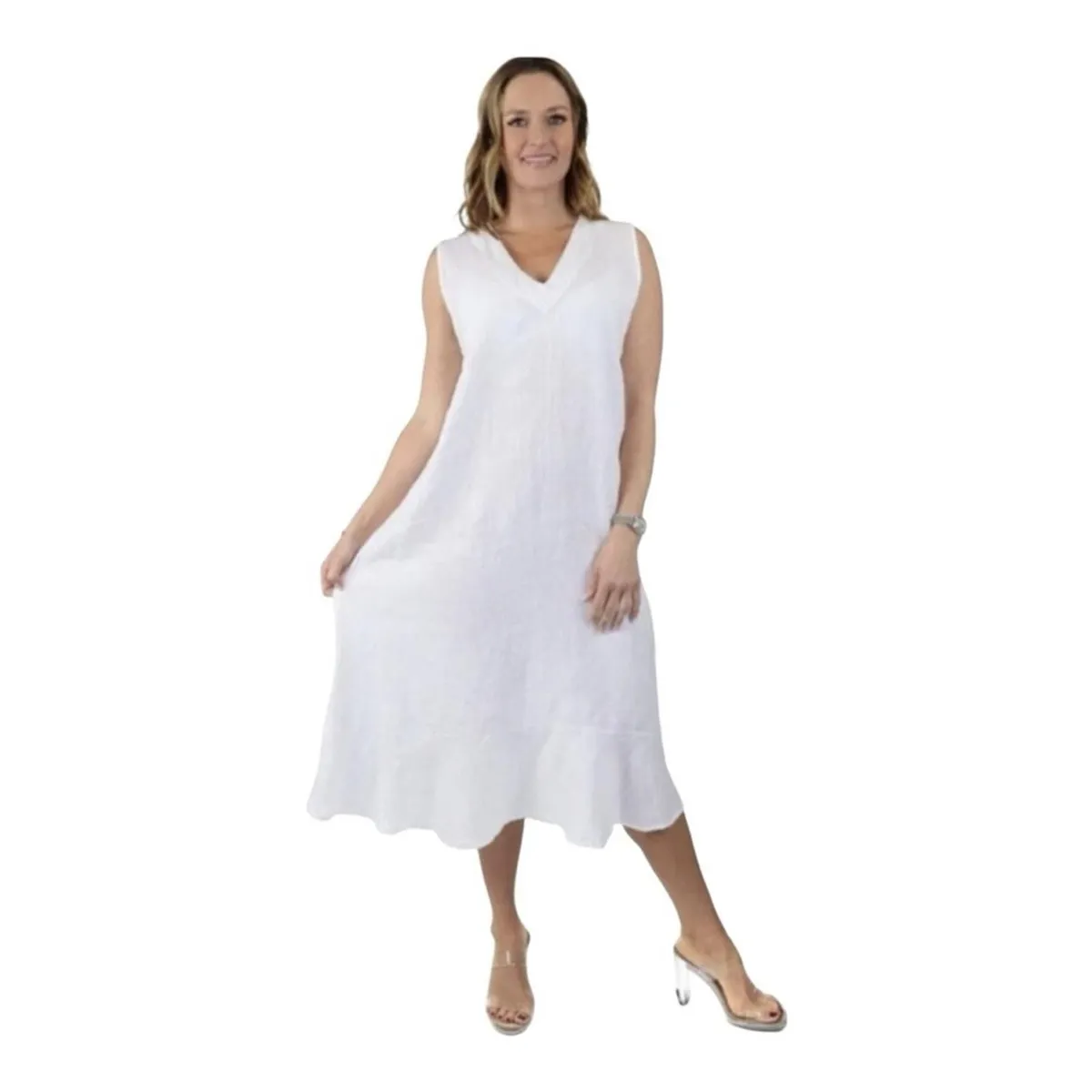 NWOT Francesca Bettini 100% Linen Dress Midi White BoHo V Neck Women's Size M - Francesca Bettini1
