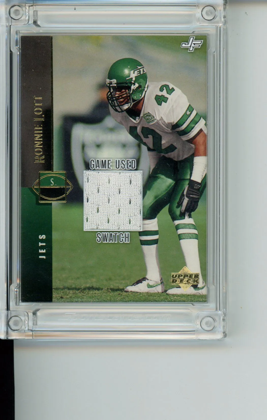 RONNIE LOTT top NOV. 21, 1993 NEW YORK JETS GAME WORN JERSEY SWATCH and CARDS