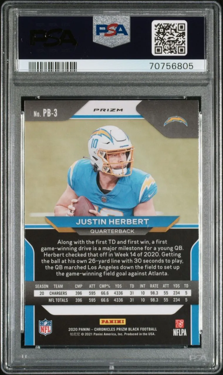 Justin Herbert Rookie 2020 selling Panini Chronicles Prizm Black Card # PB-3