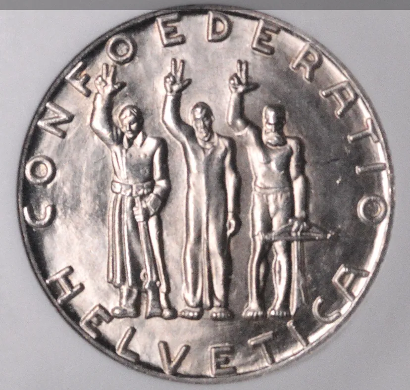 スイス 1941年 5 Francs 銀貨 1941-B Switzerland 5 Francs Confederation Anniversay NGC MS66