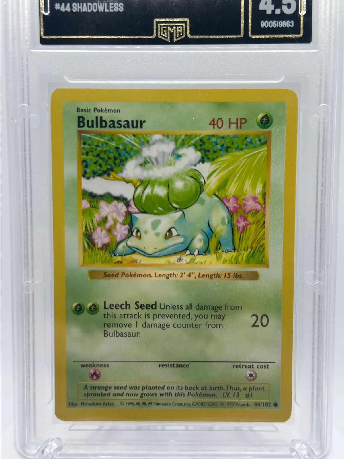 1999 Pokemon Shadowless Bulbasaur 44/102 Error card “Length” GMA
