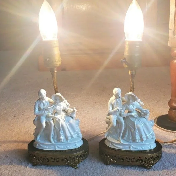 Pair Antique White Porcelain Victorian Courting Couple Mini 2024 Lamps-tested & works