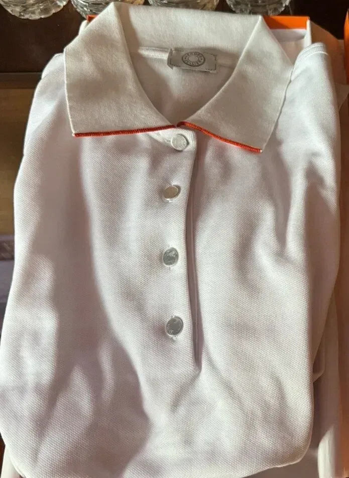 HERMES White Orange Womens Polo Shirt Double Jeu technical polo XL