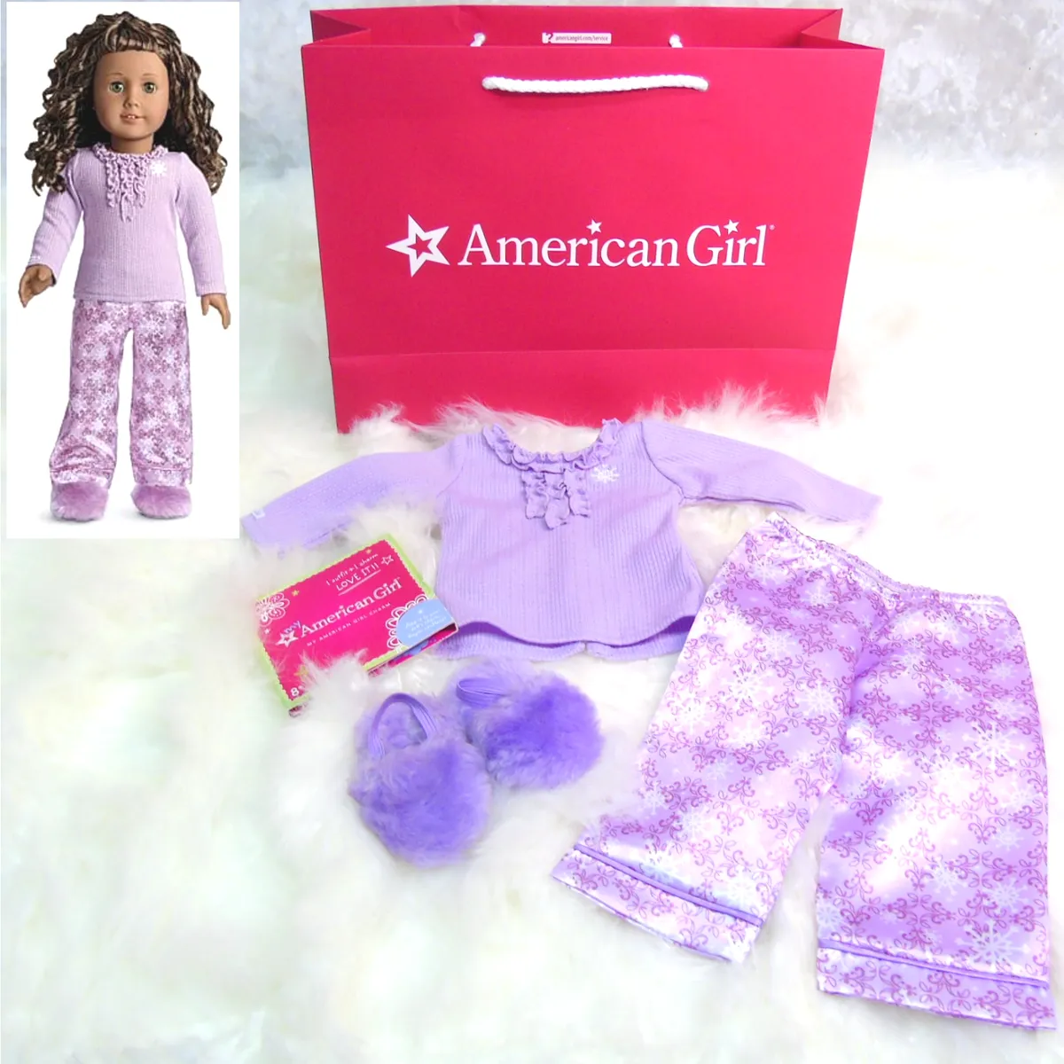 American Girl Doll Clothes Purple SNOWFLAKE PAJAMAS & SLIPPERS Charm