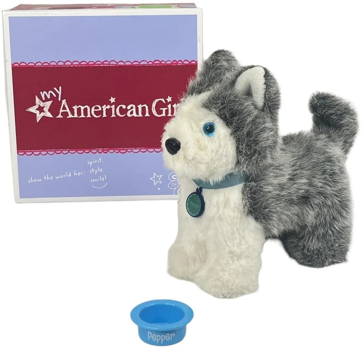 American Girl PEPPER DOG + Name Collar & Water Bowl Siberian Husky Blue