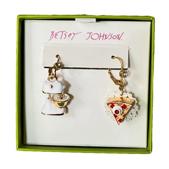 Betsey Johnson Standing Mixer & Cherry Pie Dangle Earrings White Gold