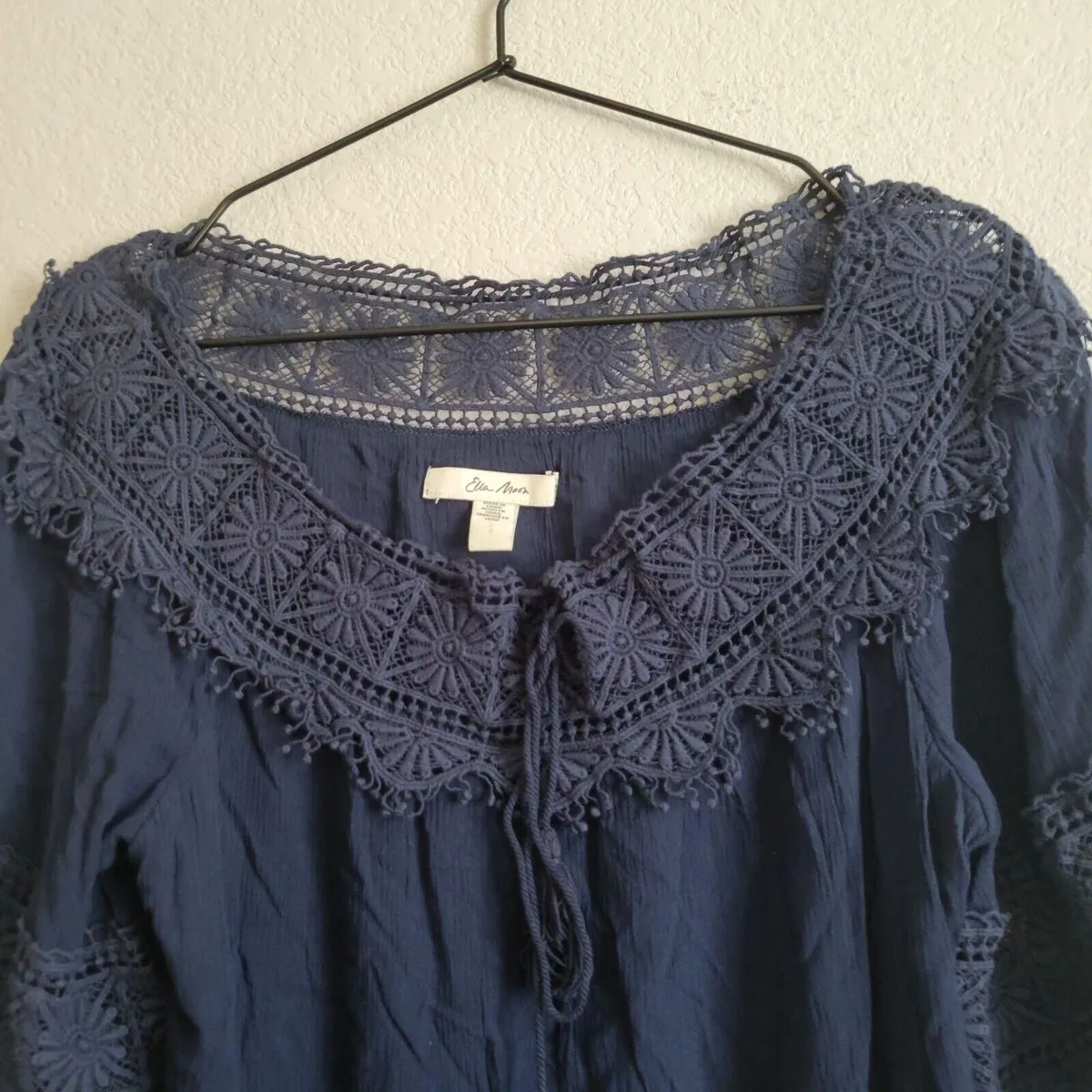 Ella Moon Womens Sz L Dark Blue Boho Crochet Knit Blouse Long Sleeve ...