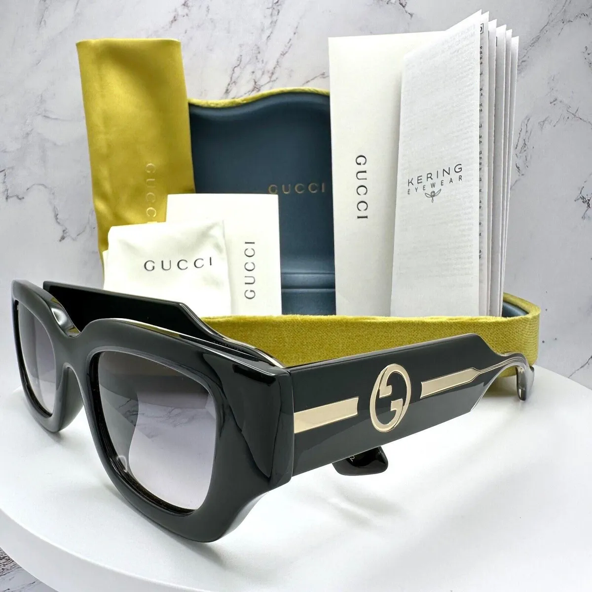 Gucci Black Gold GG Logo Sunglasses Square Authentic