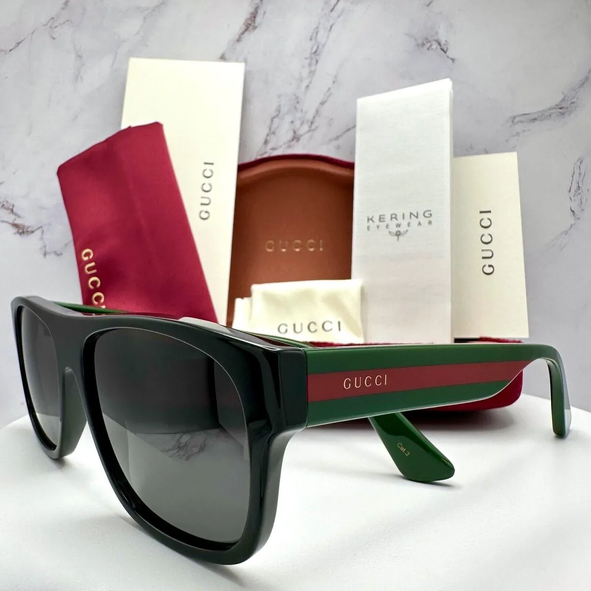 GUCCI Sunglasses Black Square Rectangular Red Green Web Arms