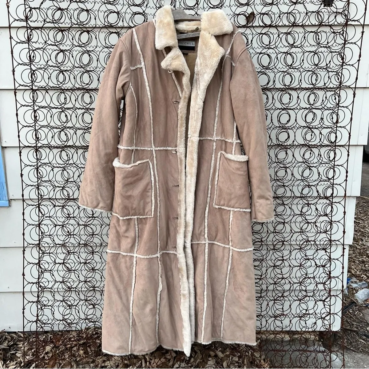 Big Chill Faux outlet Shearling Leather Patchwork Penny Lane Full Length Trench Coat