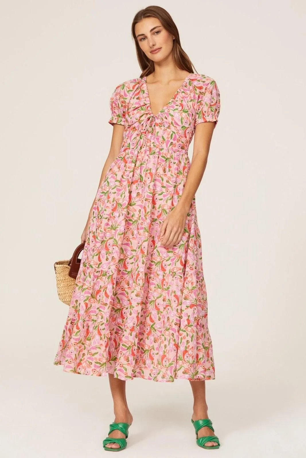 BANJANAN Norma Pink Floral sold Tiered Cotton A-Line Midi Dress M Puff Sleeve V Neck