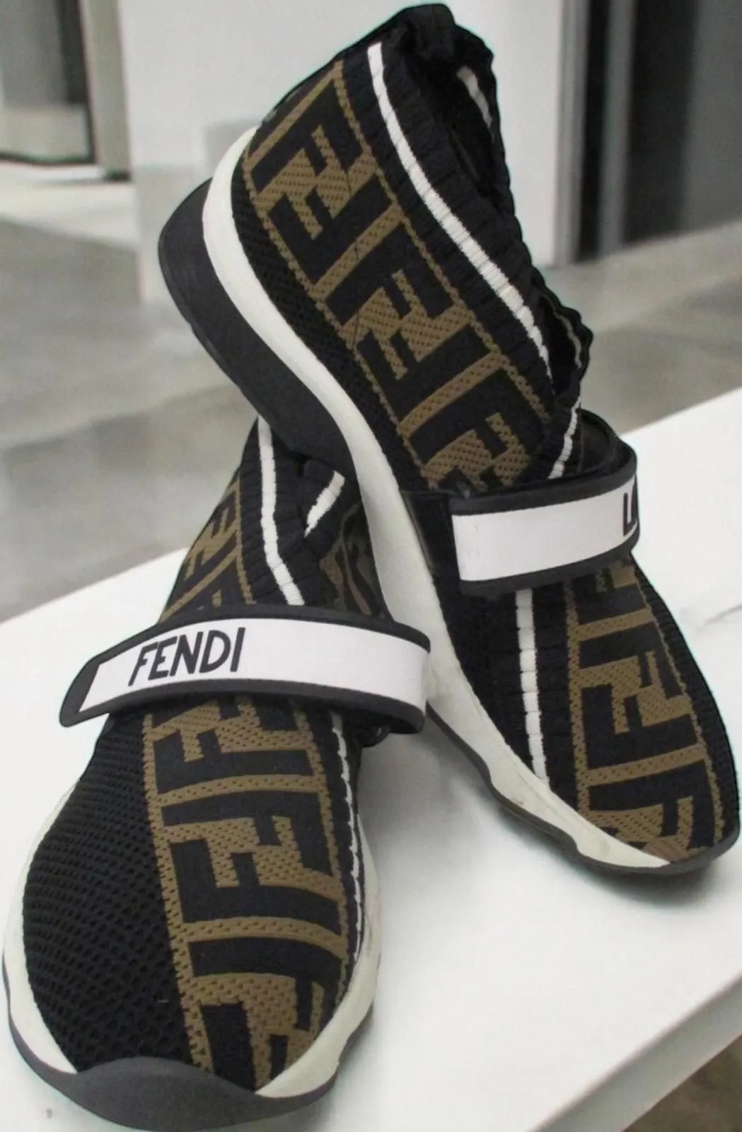Authentic FENDI Rockoko Black Brown Fabric Slip On Sneaker