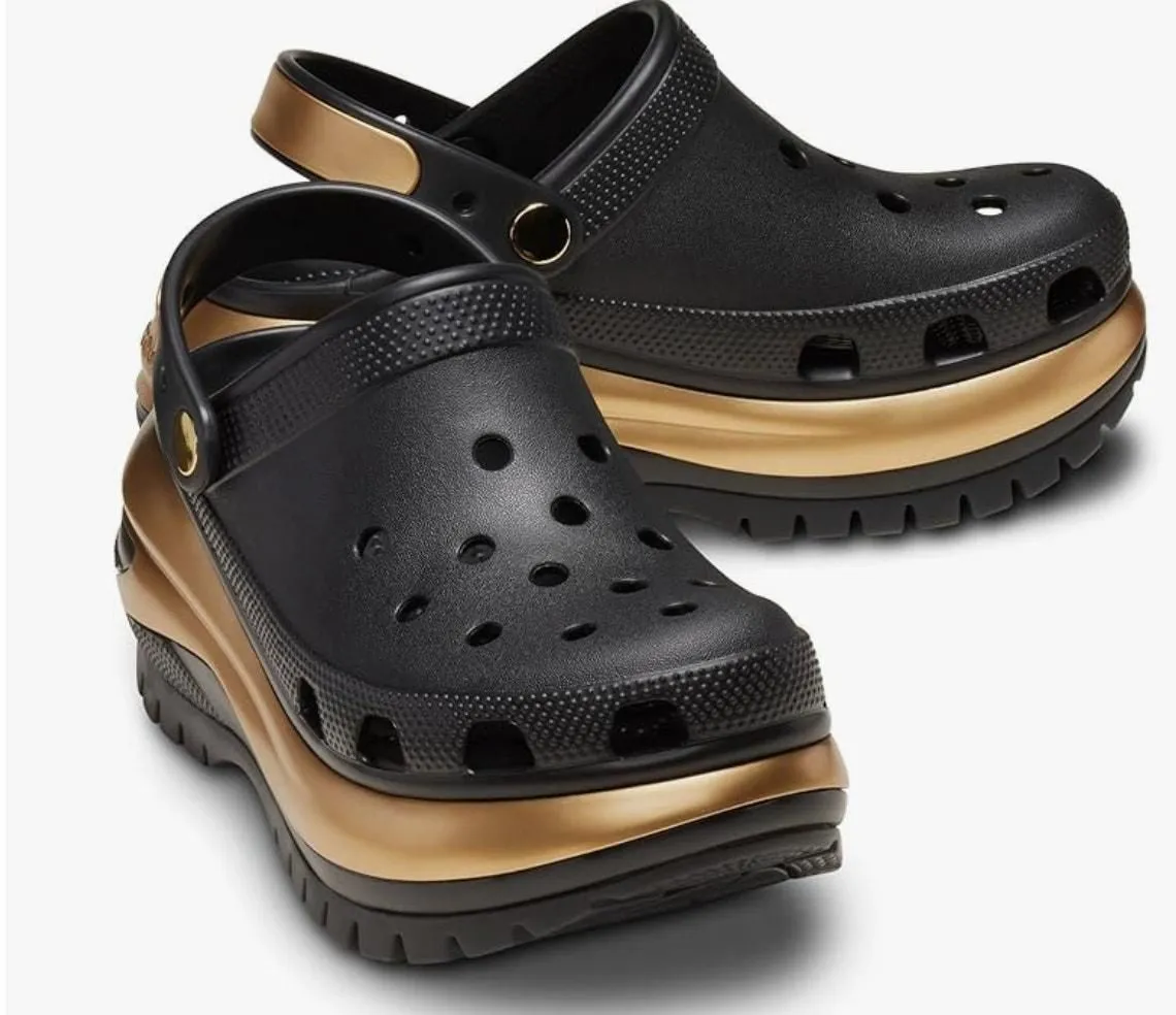 Crocs Mega Crush Clog Unisex W9 M7 Black Metallic Gold Platform