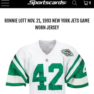 RONNIE LOTT top NOV. 21, 1993 NEW YORK JETS GAME WORN JERSEY SWATCH and CARDS