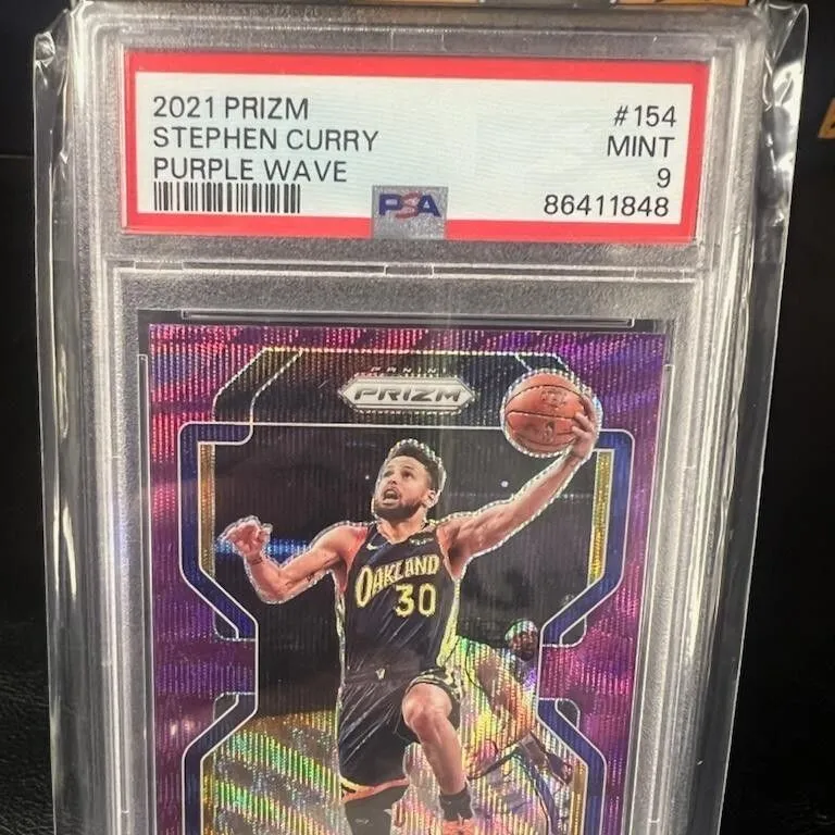 Product image for 2021 Panini Prizm Stephen Curry 154 Purple Wave PSA MINT 9