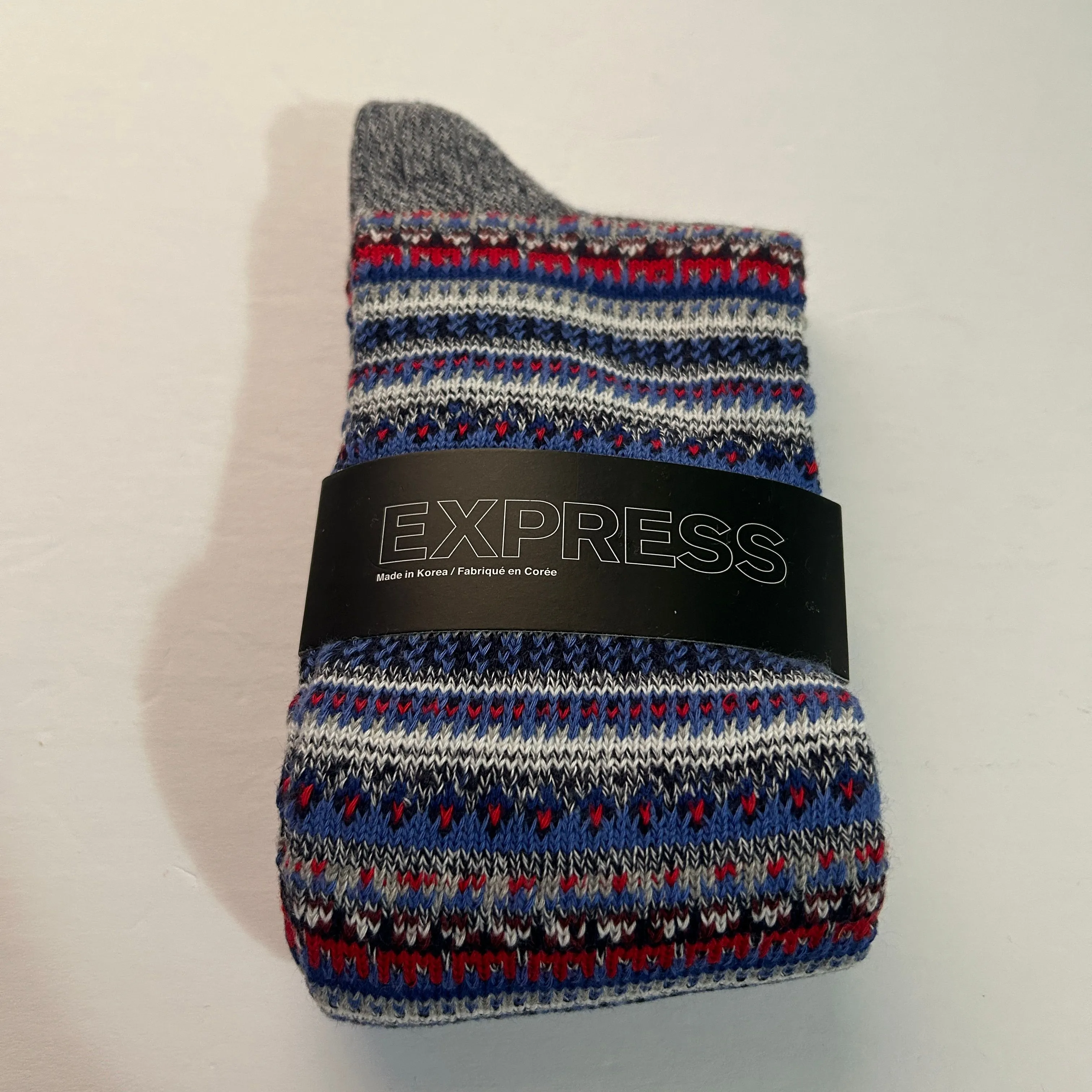 Product image for Express Dress Socks Crew Fair Isle Knit Red Blue White Cotton Blend Mens Sz 8-12