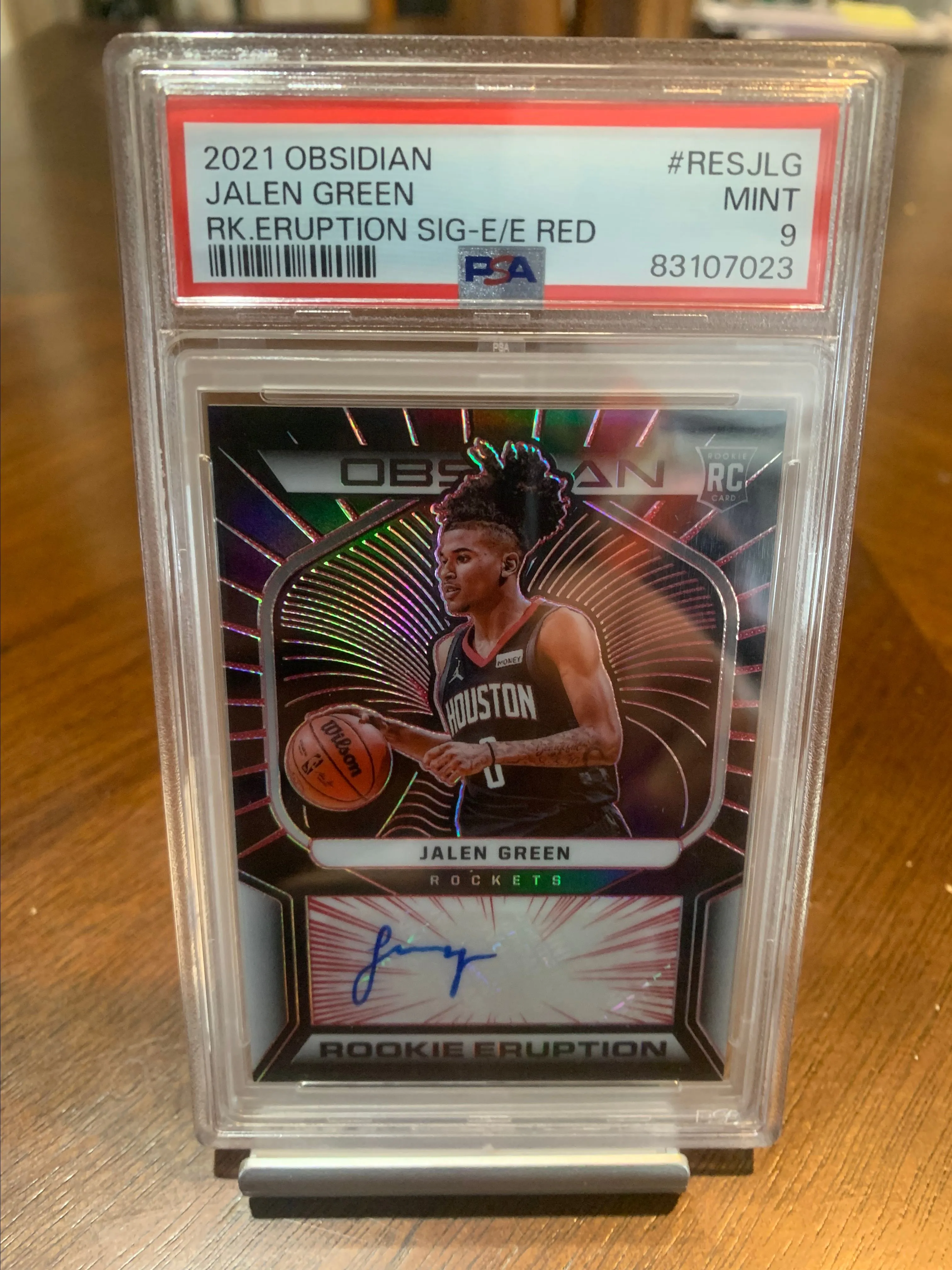 Product image for 2021 Obsidian Basketball Jalen Green Rookie Eruption Signatures Electric Etch Red 5/5 PSA 9
