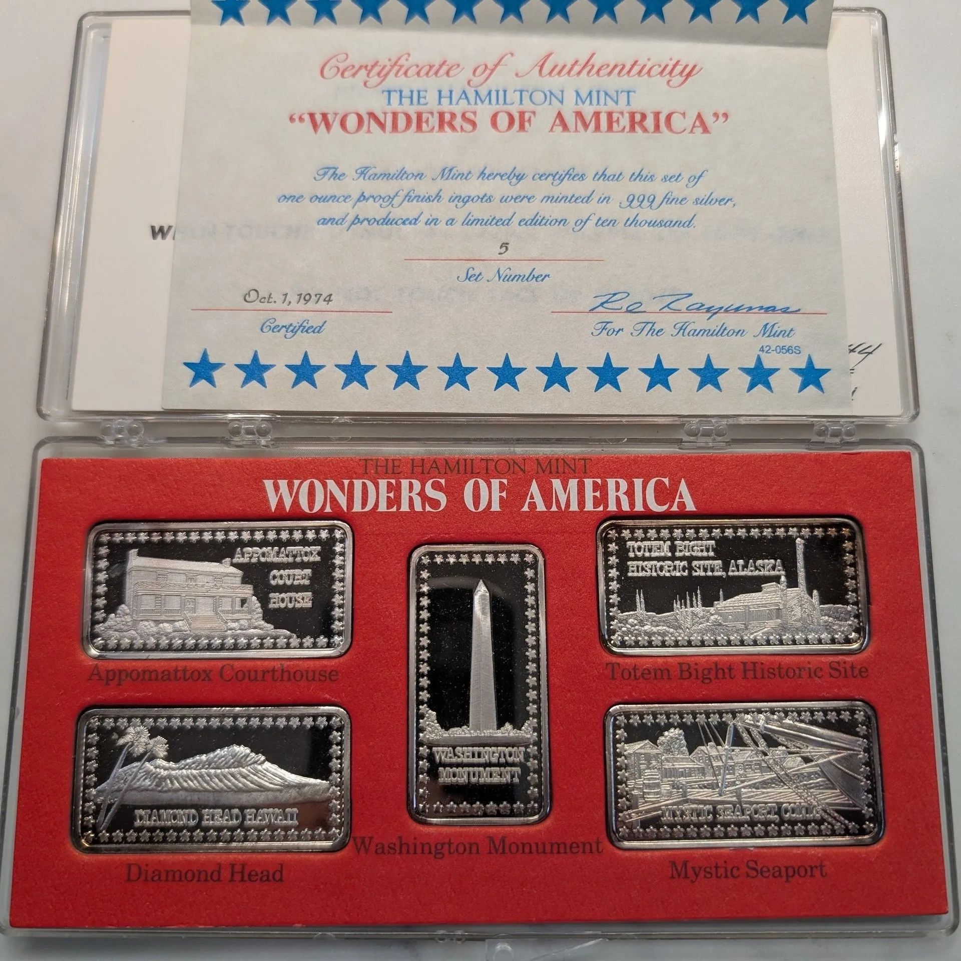 Product image for Vintage Hamilton Mint Wonders of America 5 X 1 oz Silver Ingot Set OG Package & COA and Paper Work - Very Low Number 5 of 10,000 Units