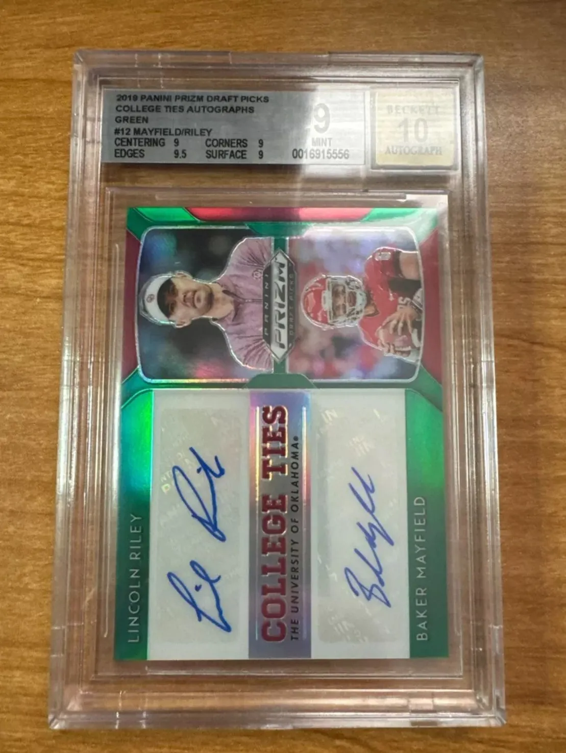 Product image for 2019 PRIZM DRAFT COLLEGE TIES BAKER MAYFIELD, LICOLN RILEY GREEN AUTO #/5 SOONER