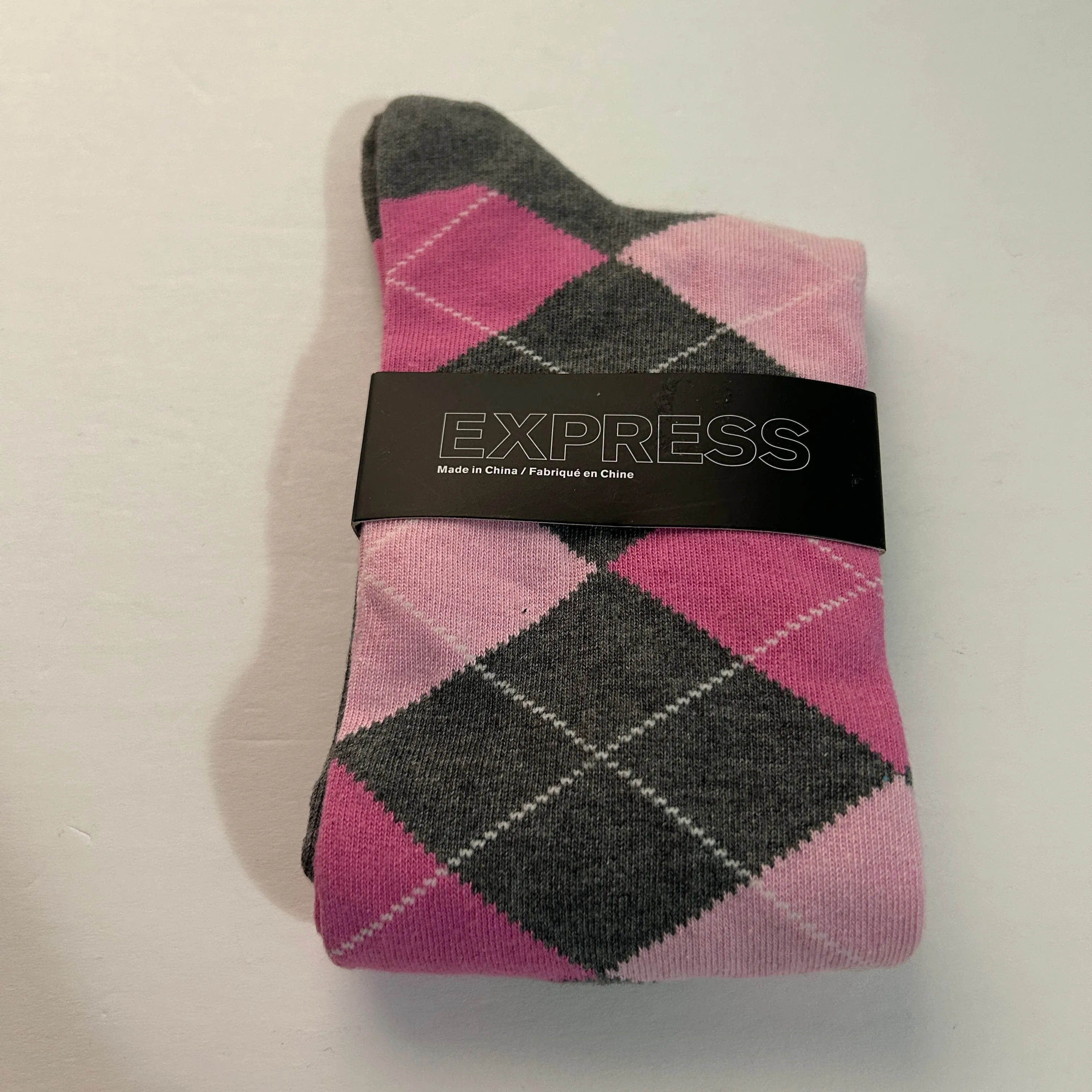 Product image for Express Dress Socks Crew Argyle Diamond Pink Gray Cotton Blend Mens Size 8-12