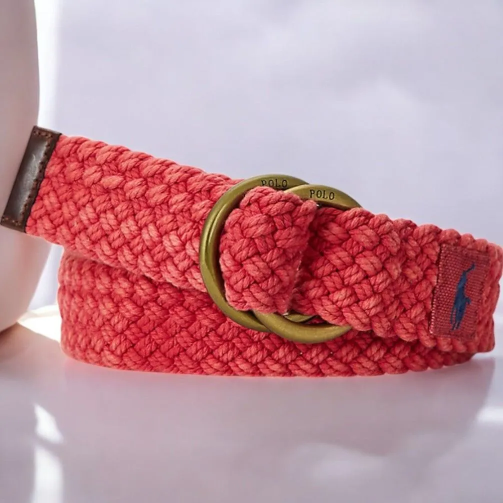 Polo Ralph Lauren Webbed Cotton ORing Belt Red Leather Trim