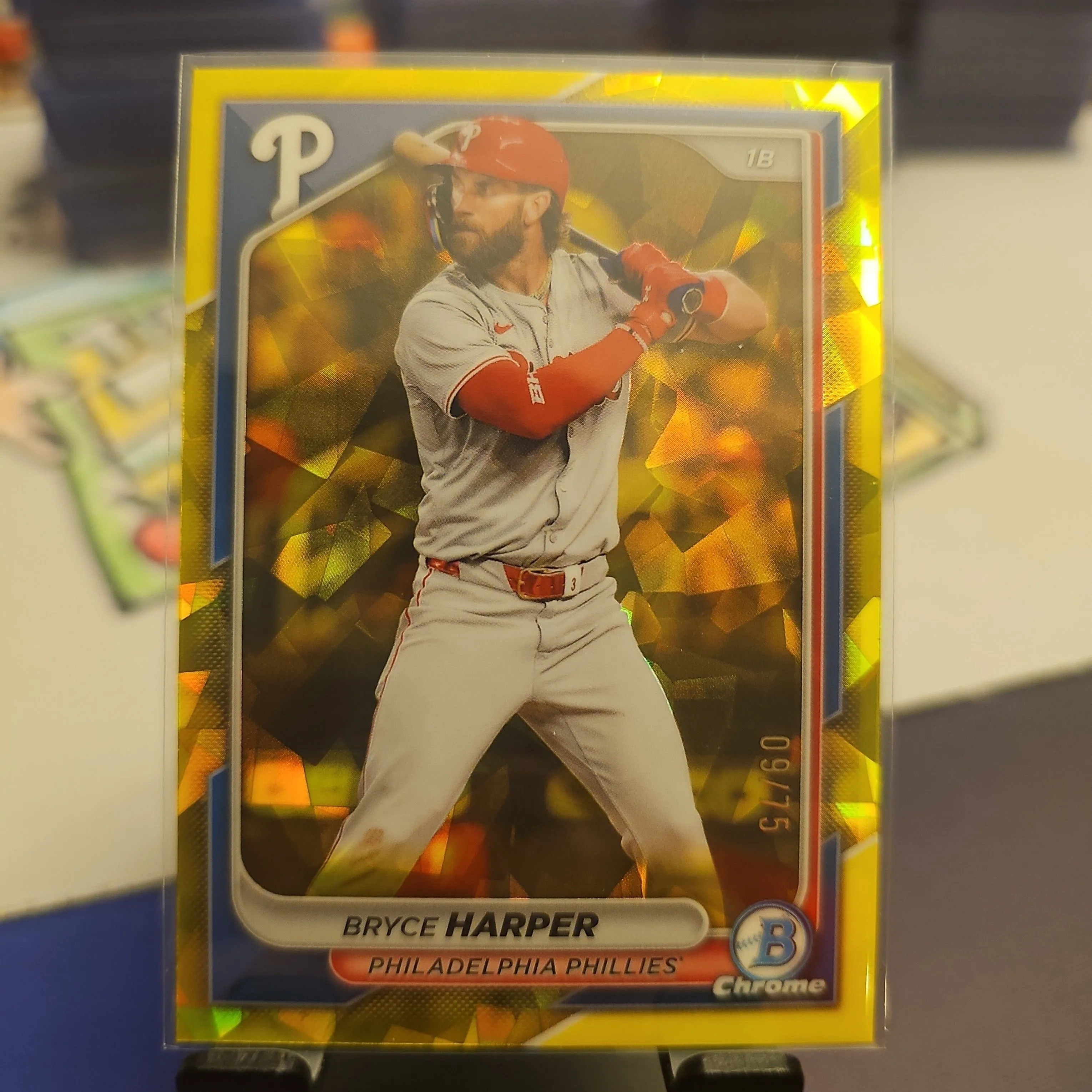 Product image for Bryce Harper - /75 Yellow Sapphire 2024 Bowman Chrome - Phillies