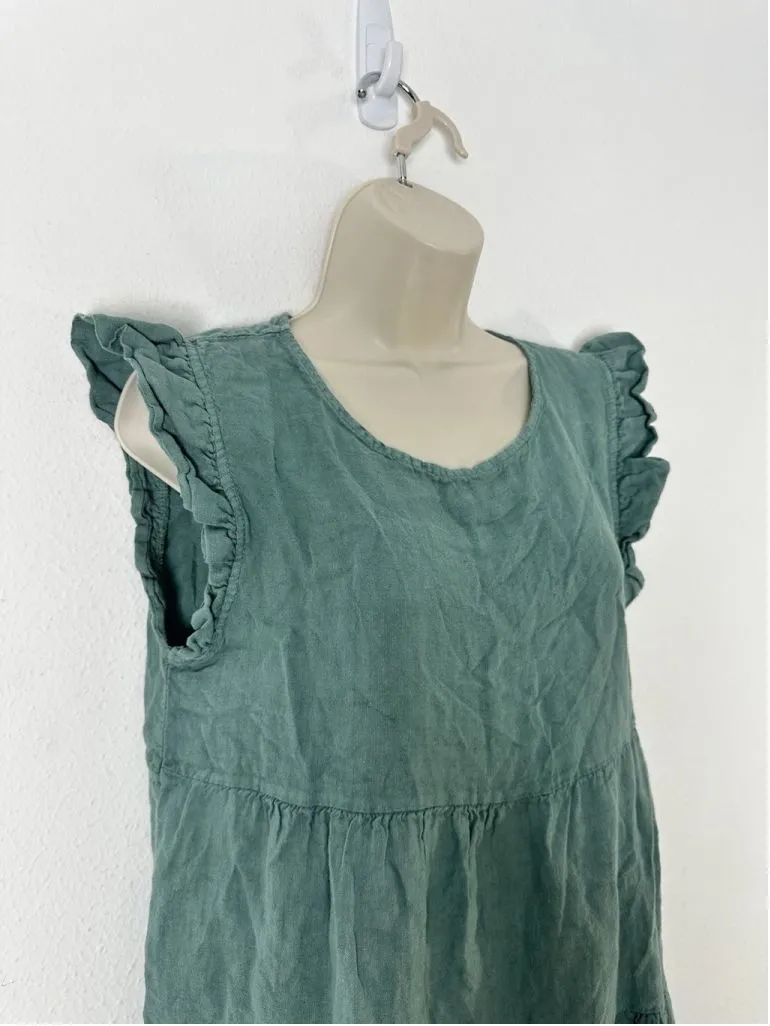 Vanessa Zani Tiered Linen Mini Dress Medium Green Made In Italy Beach Vacation1
