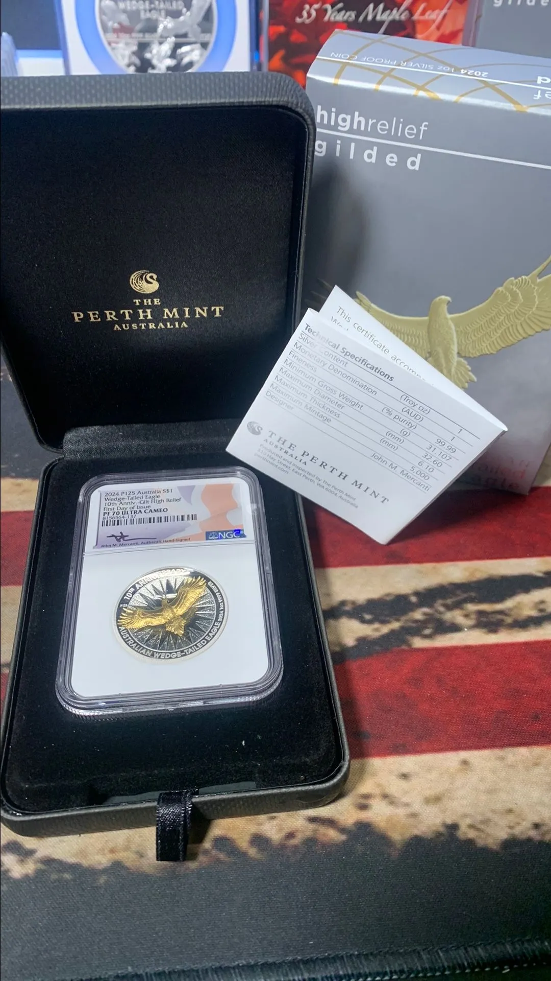 Product image for 2024 P125 $1 PROOF AUSTRALIA 1 OZ GILDED SILVER HIGH RELIEF WEDGE- TAILED EAGLE 10TH ANNIVERSARY COIN NGC PF70 UC FDI JOHN MERCANTI SIGNED FLAG LABEL
