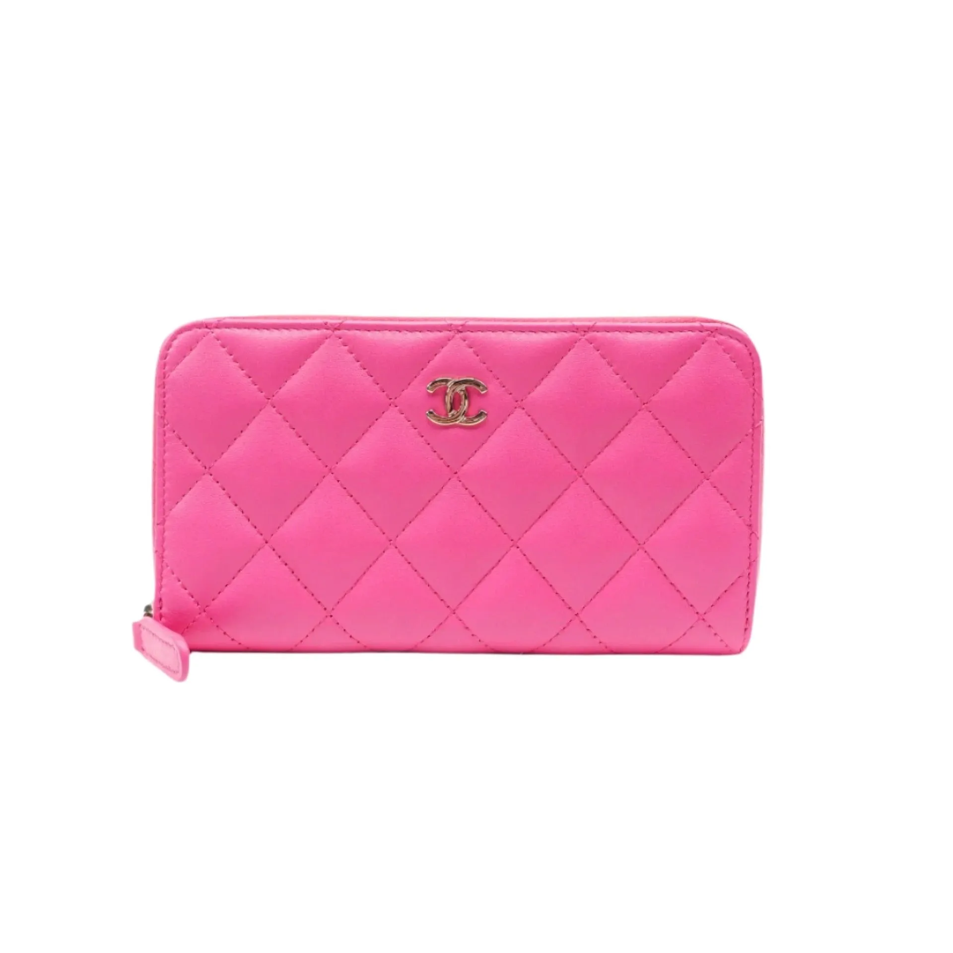 Product image for PRE-OWNED CC Pink Lambskin Quilted Large Gusset Zip Around Wallet