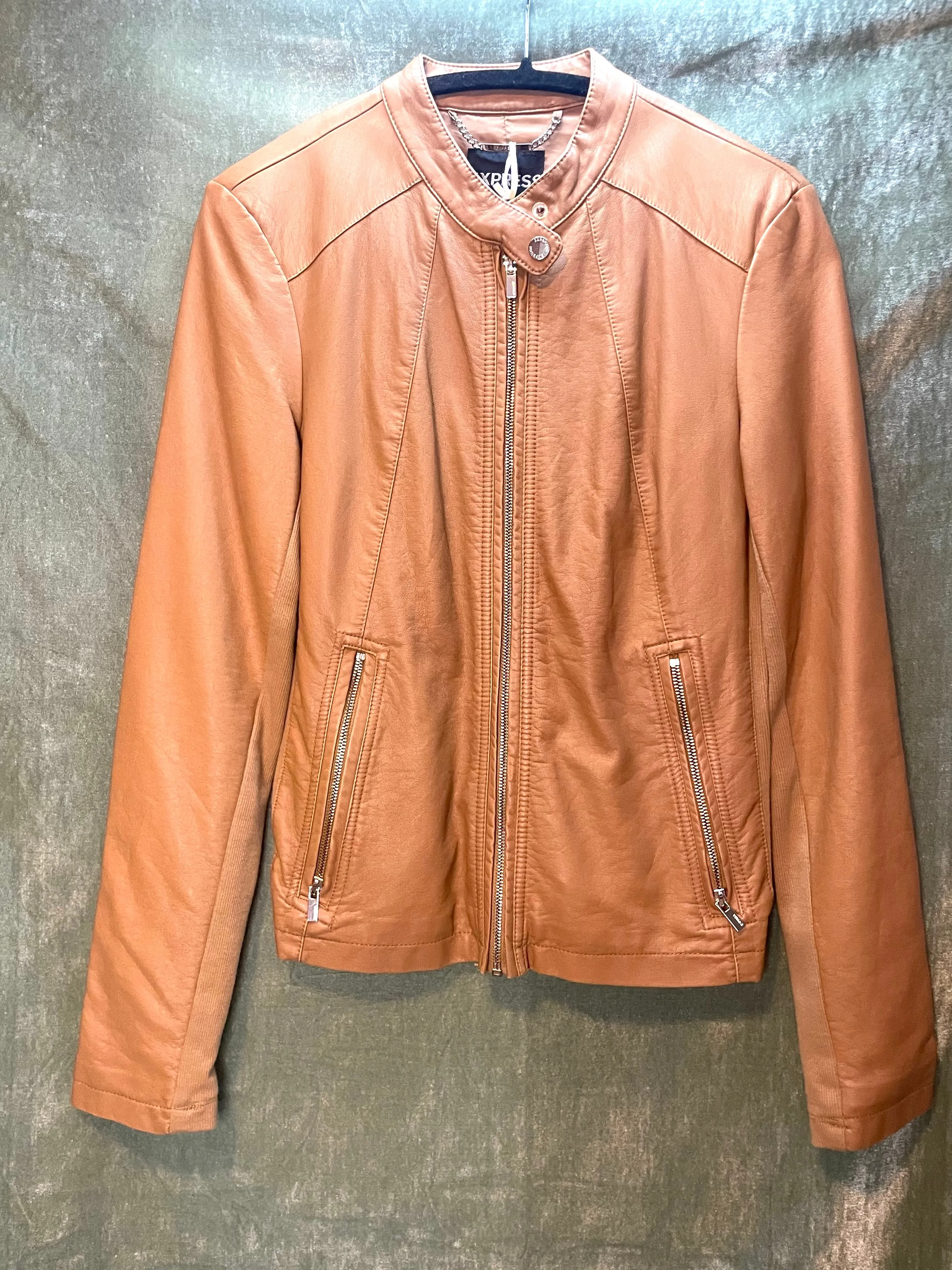 Product image for Express, Camel Gold Zip Vegan Leather Jacket, Sz M, #A37