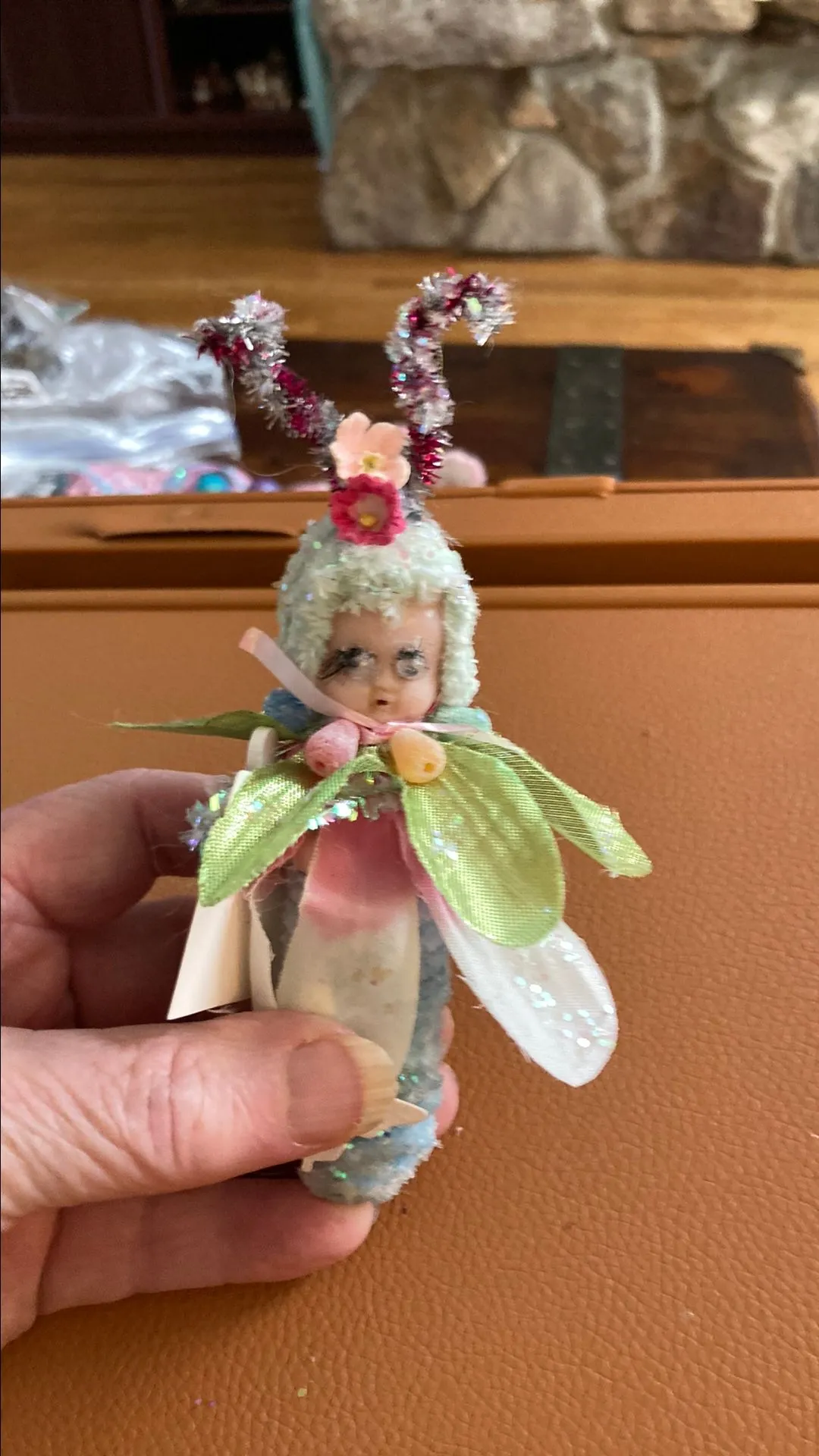 Product image for Vintage 4" hard plastic doll made into an Easter Bug wrapped in chenille flowers added handmade