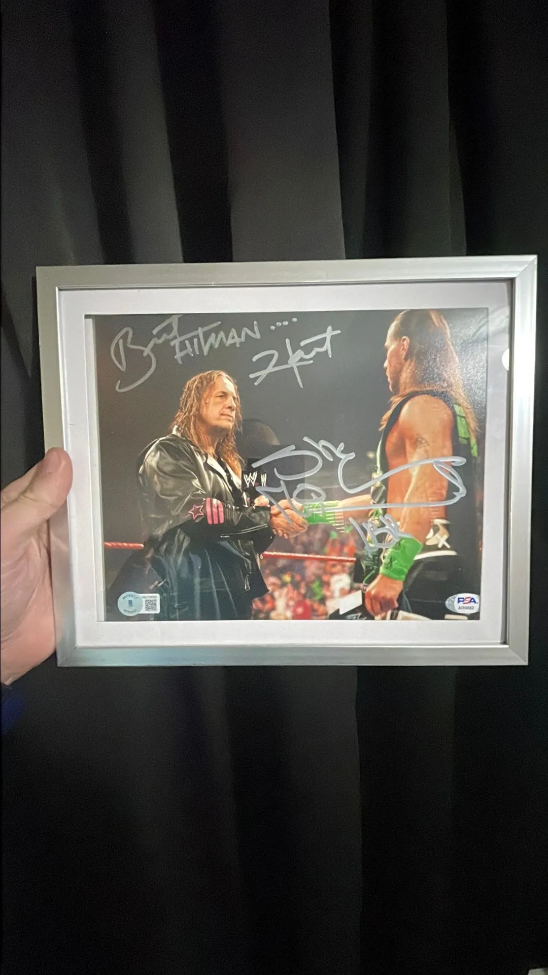 Product image for Rare duel signed Bret & Shawn shaking hands.  Iconic moment both signatures  have coa on them.