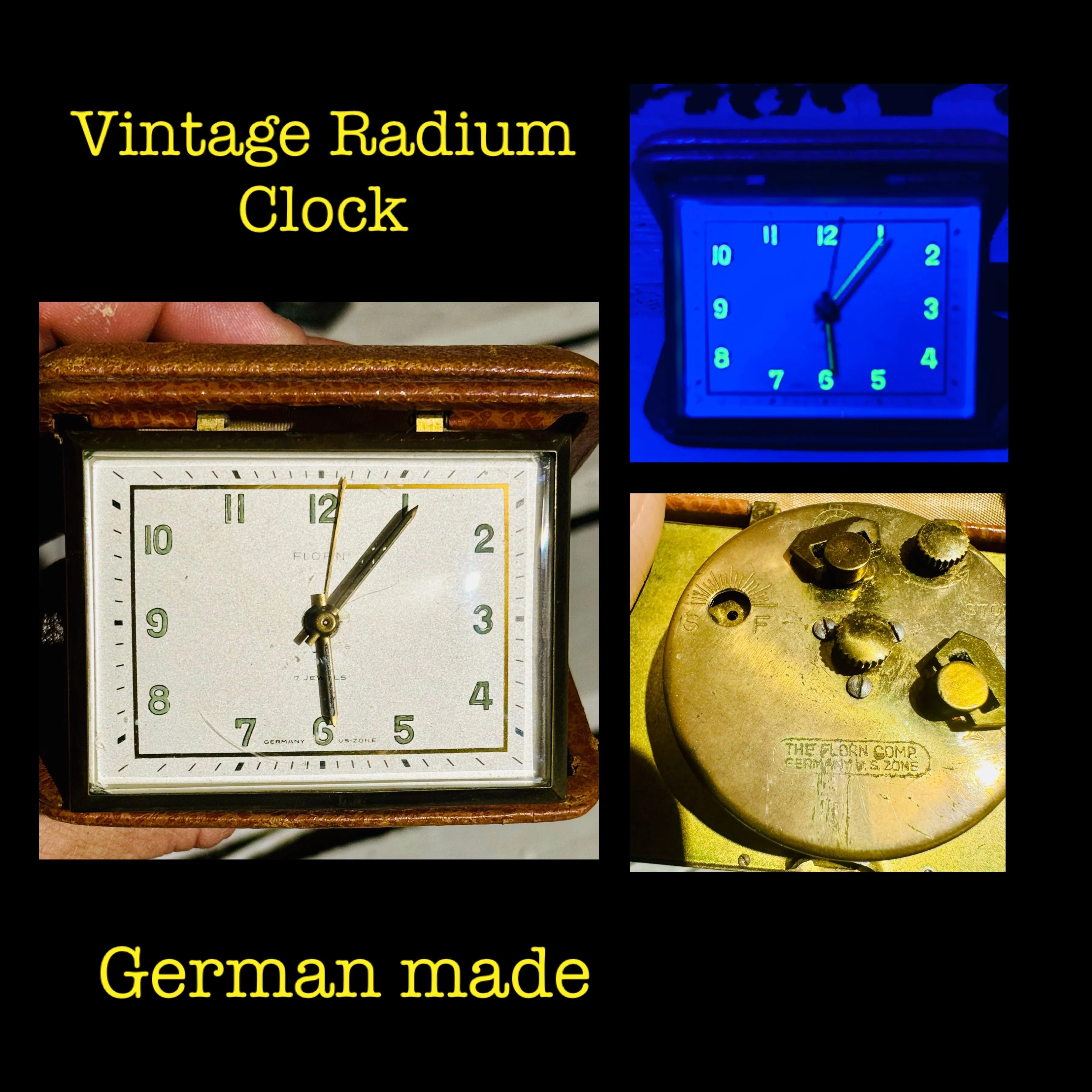 Product image for Vintage German made Florn traveler alarm clock - Uranium