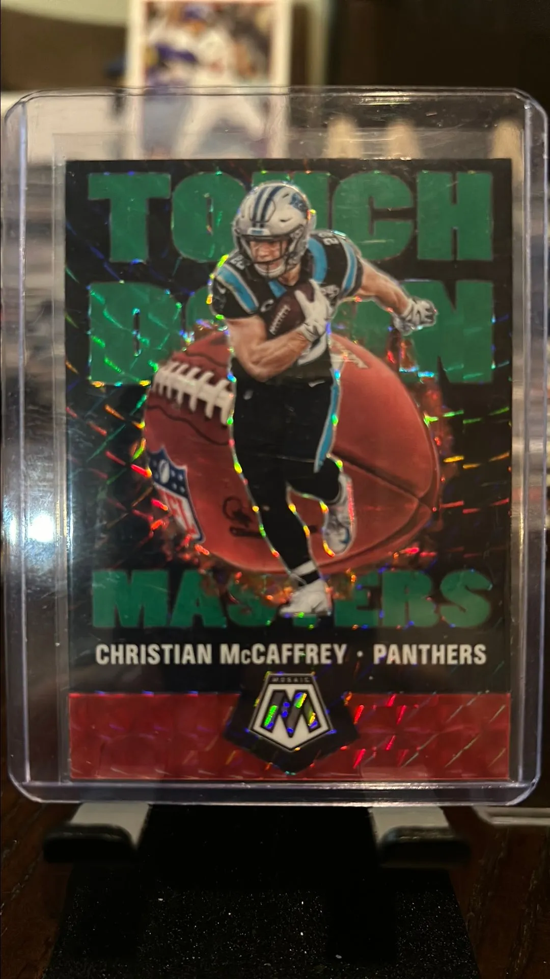 Product image for CHRISTIAN McCAFFREY 2020 Mosaic Football GREEN HOLO PRIZM "Touchdown Masters"