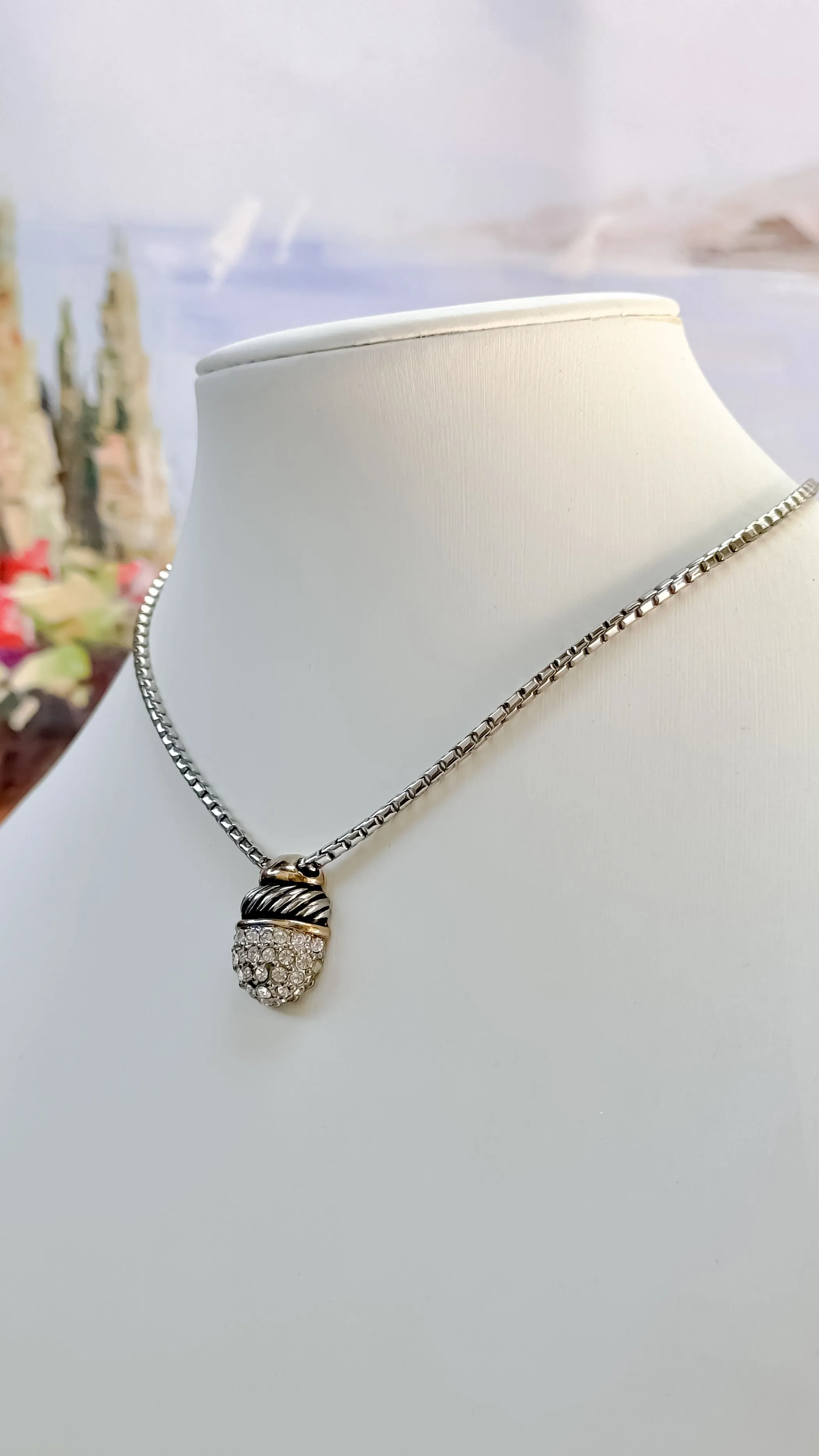 Product image for (163) Silver Tone Box Chain With a Two Tone Acorn Pendant Encrusted With Rhinestones