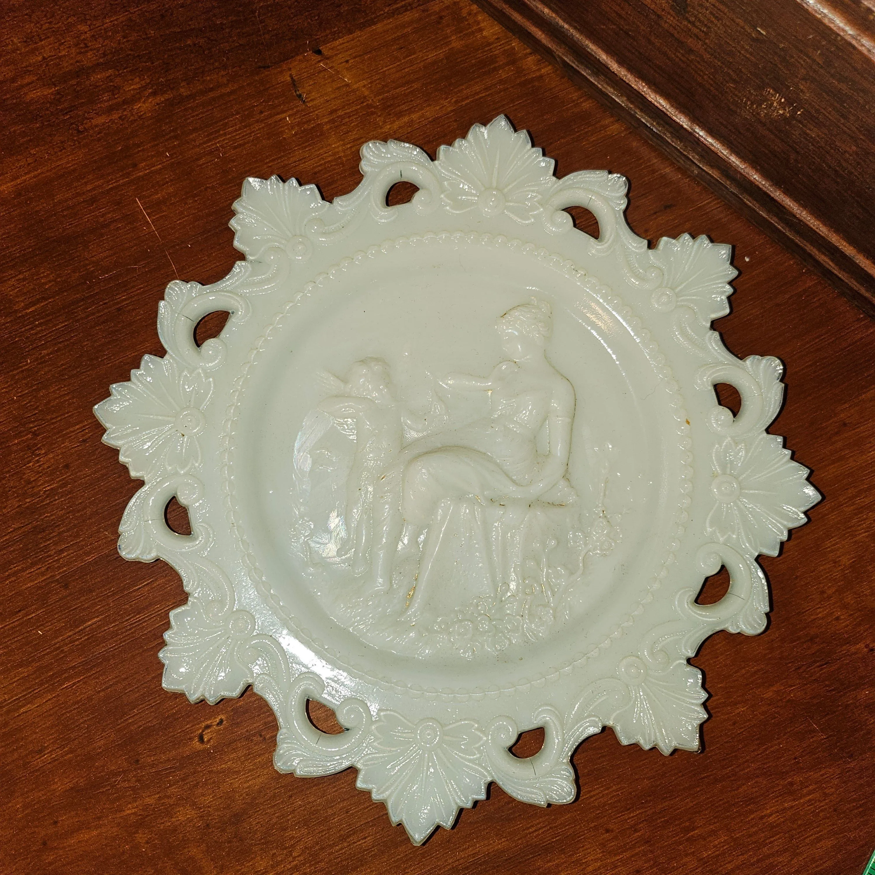 Product image for Antique Milk Glass Milkglass Cherub Cupid Embossed Plate 1 of 2 *fleabites/small imperfections*