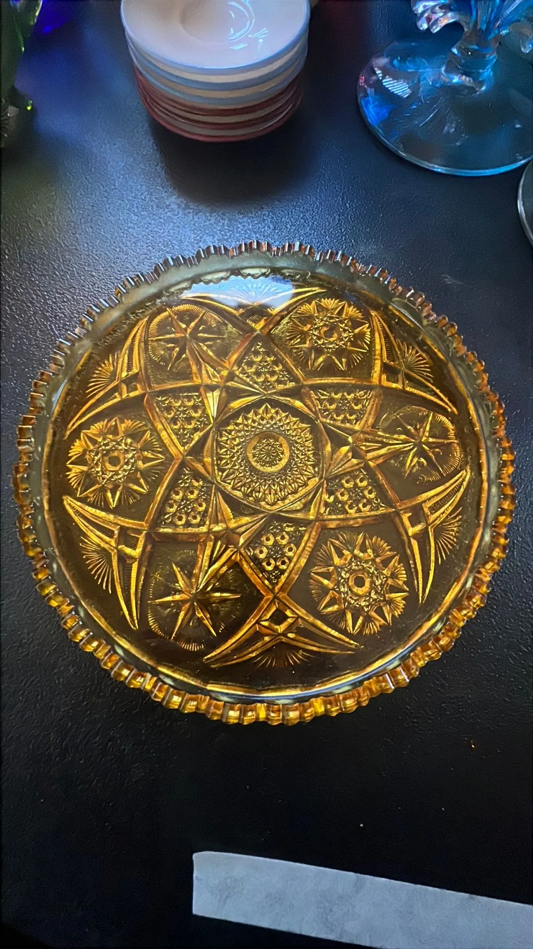 Product image for 0701 Vintage EAPG Amber Glass Serving Platter Cake Plate Sawtooth Edge 9.5”