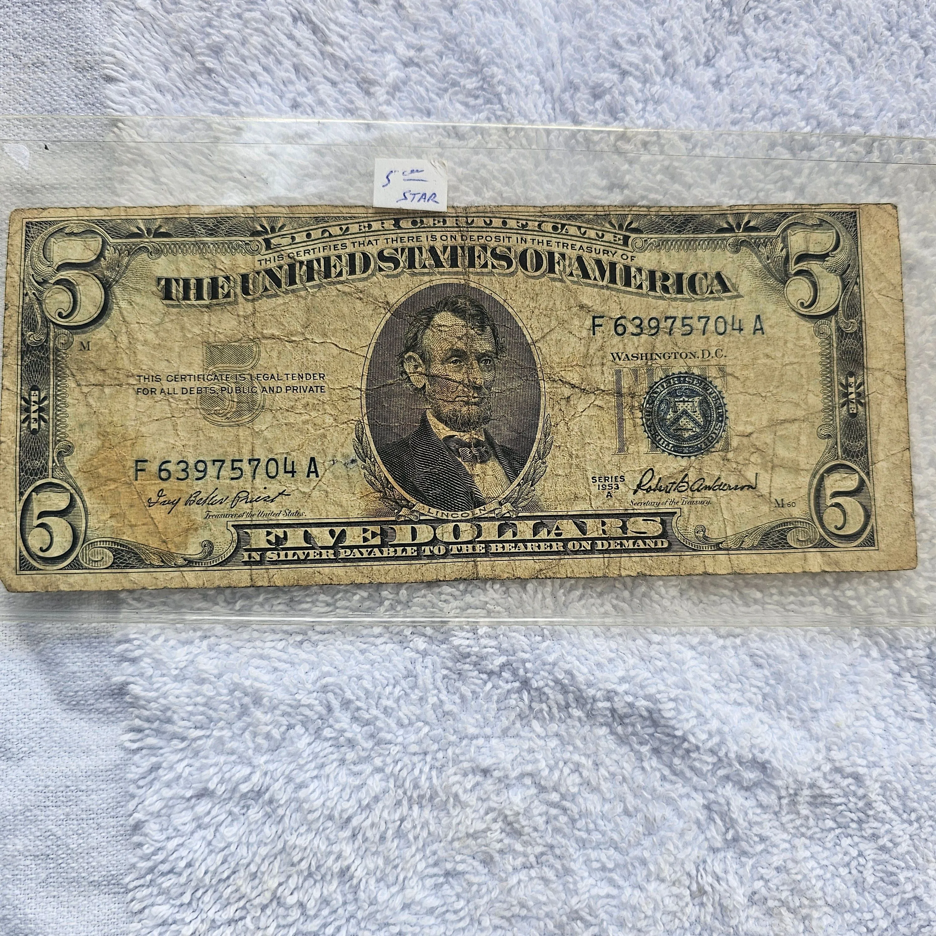Product image for 1953 A series $5 bill (blue ink)