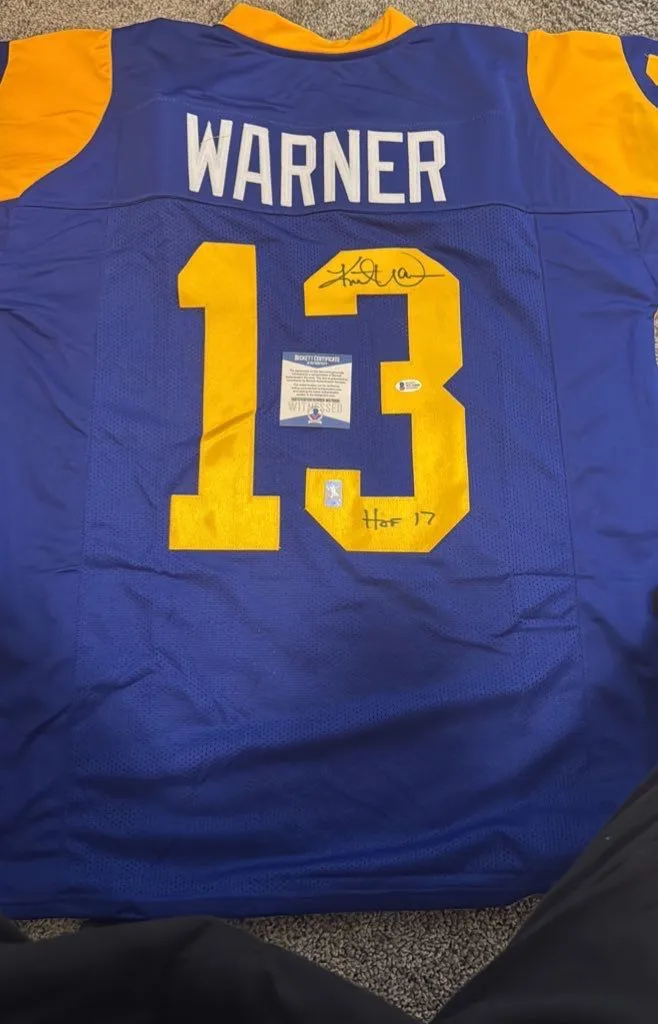 Product image for Kurt Warner HOF 17 Autographed St Louis Custom Blue Football Jersey BAS COA