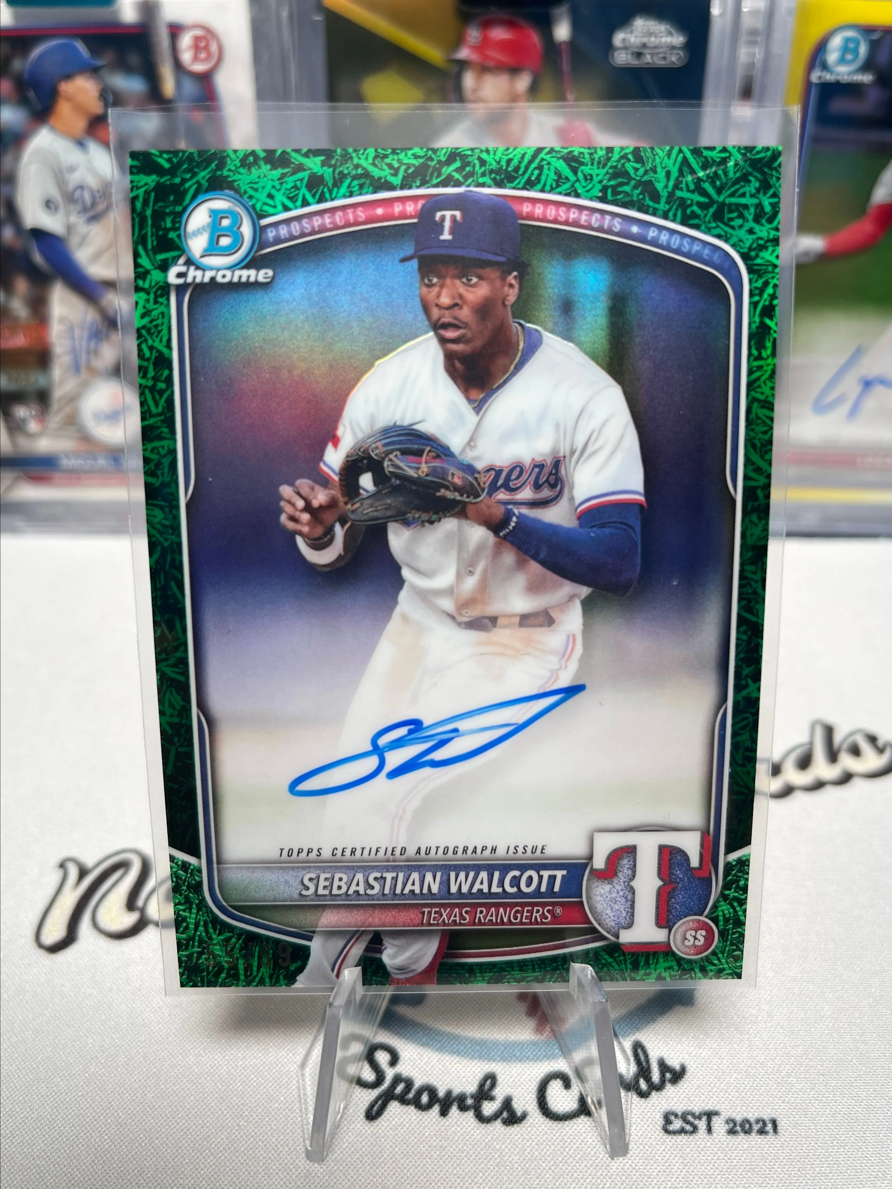 Product image for Sebastian Walcott 2025 Bowman Chrome <55/99 Auto Green Grass> TEX Rangers