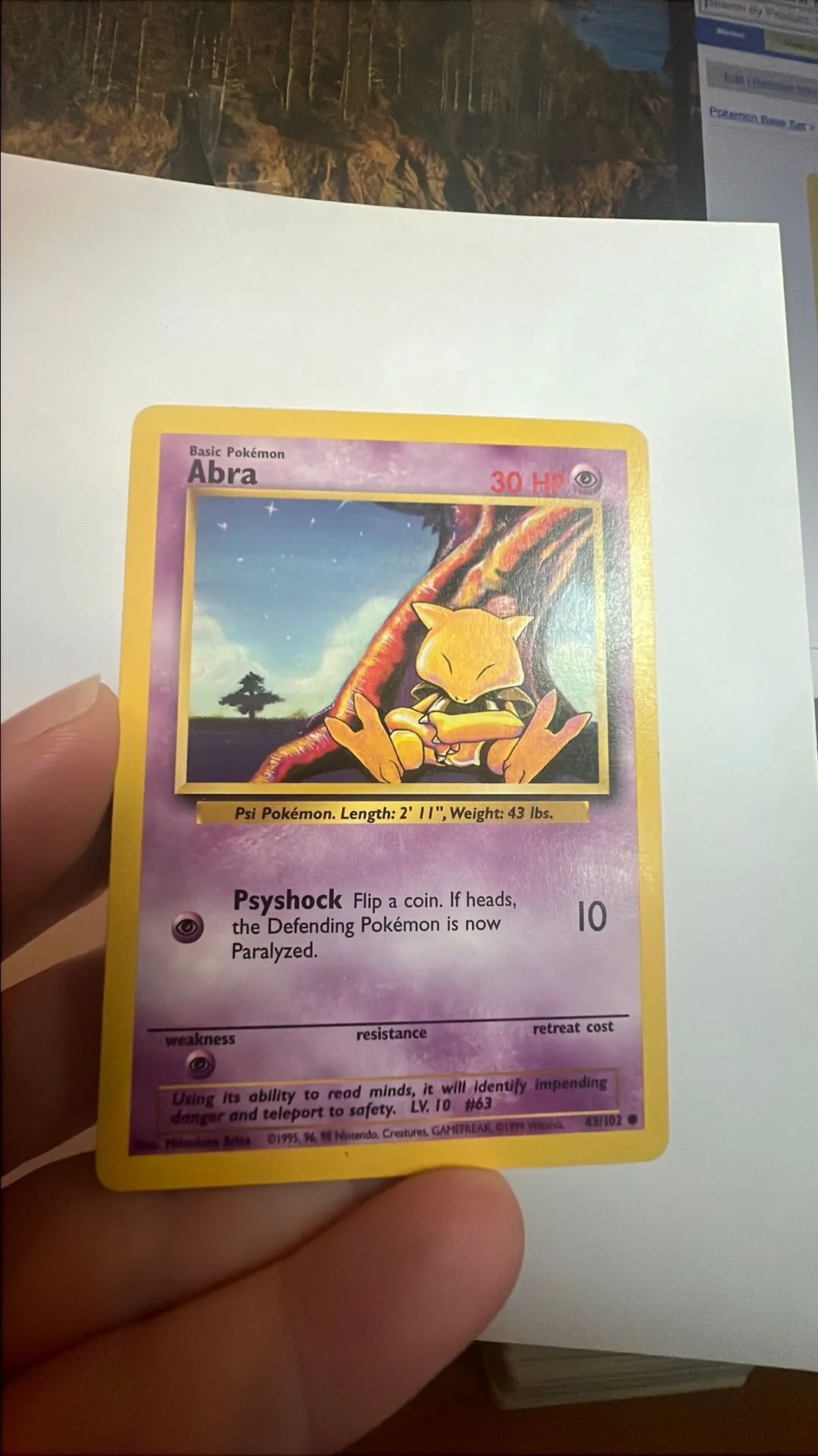 abra pokemon card 43 102 Abra Base Set Shadowless 1st Edition 43/102, NM Pokemon Card