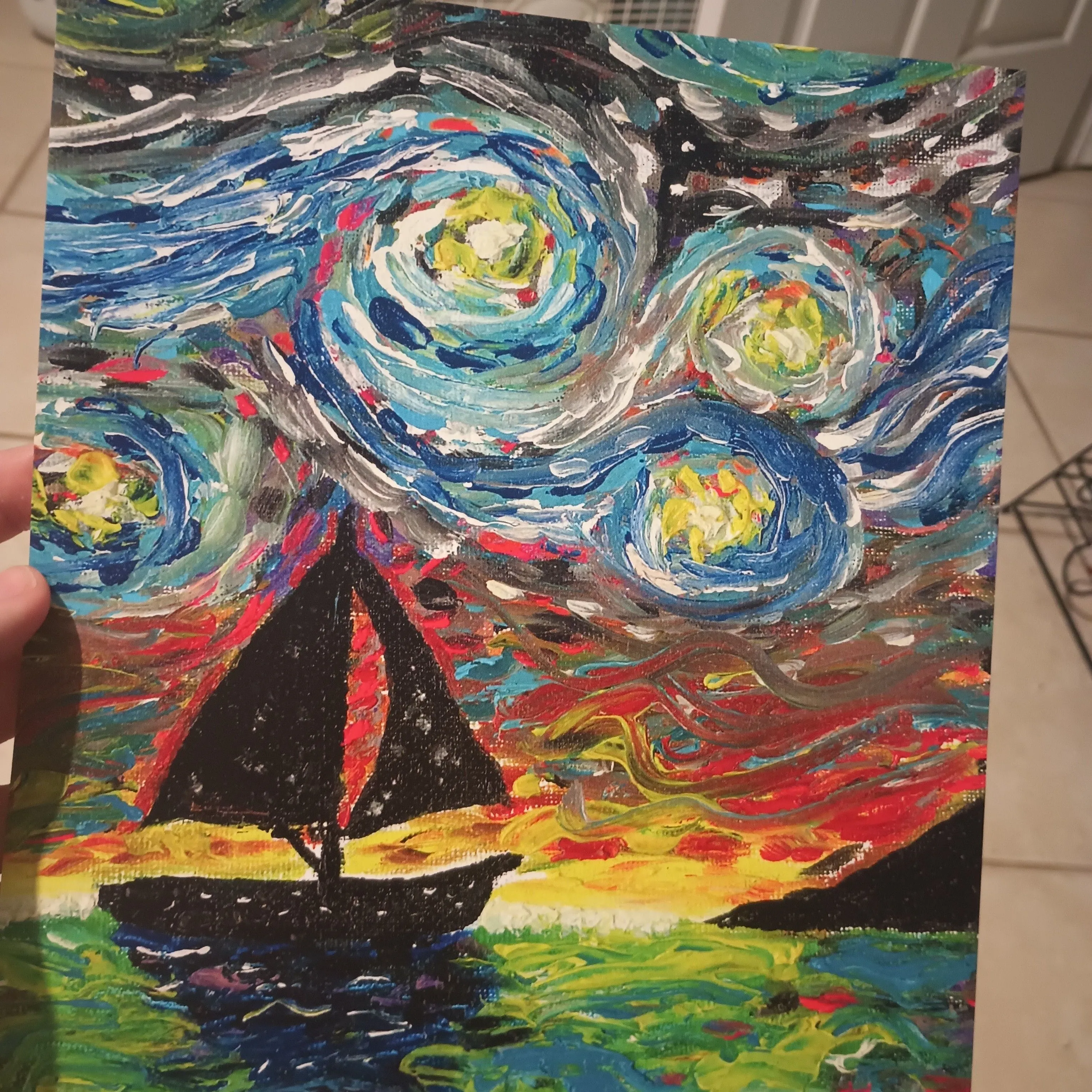Product image for Van Gogh's sailboat textured painted print