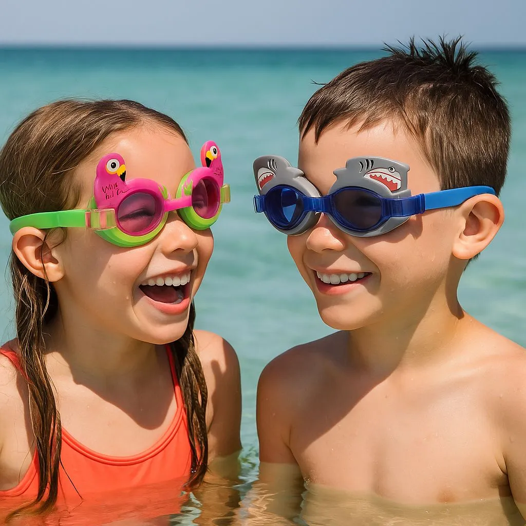 Product image for 2-Pack Kids Swim Goggles Bundle Shark & Flamingo UV Protect Silicone Strap 3D 8+